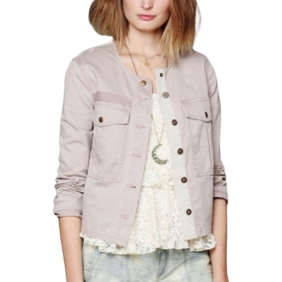 Free People Small Lou Cropped Military Jacket Distressed Blush Mauve Patches - Picture 1 of 16